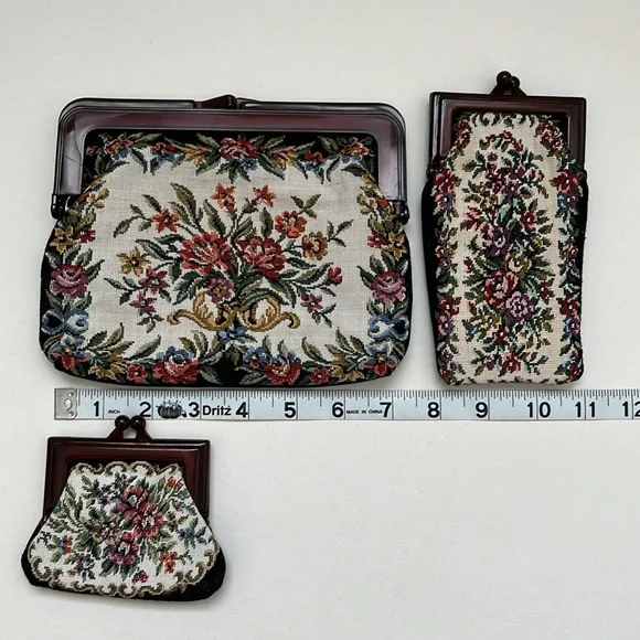 Vintage Tapestry Matching Set Purse Handbag Clutch Coin Purse Glasses Pouch 3pc - Picture 8 of 10